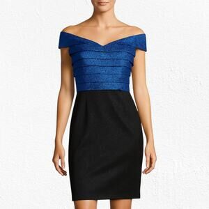 Rene Ruiz Collection Blue Black Off the Shoulder Tiered Ruffle Midi Dress Size 8